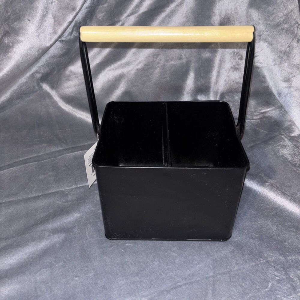 Always Home Two Compartment Utensil Holder Black Metal With Wooden Handle